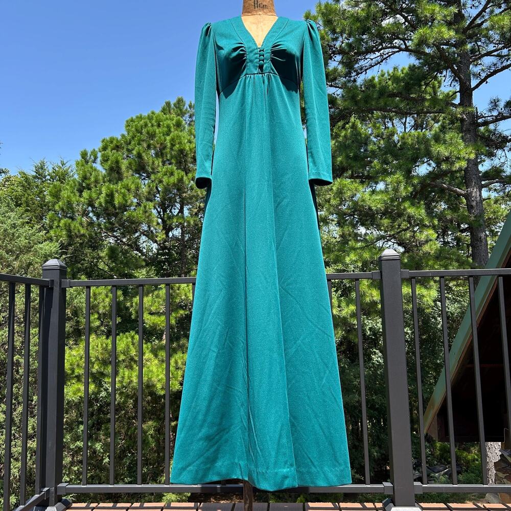 Vintage 60s Forest Green Renaissance Empire Maxi Dress by Mindy Malone S